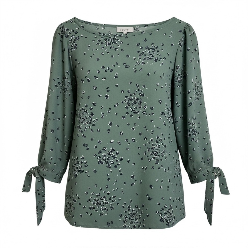 LOFT Outlet Womens Sage Green Floral 3/4 Sleeve Tie Cuff Boat Neck Blouse Small